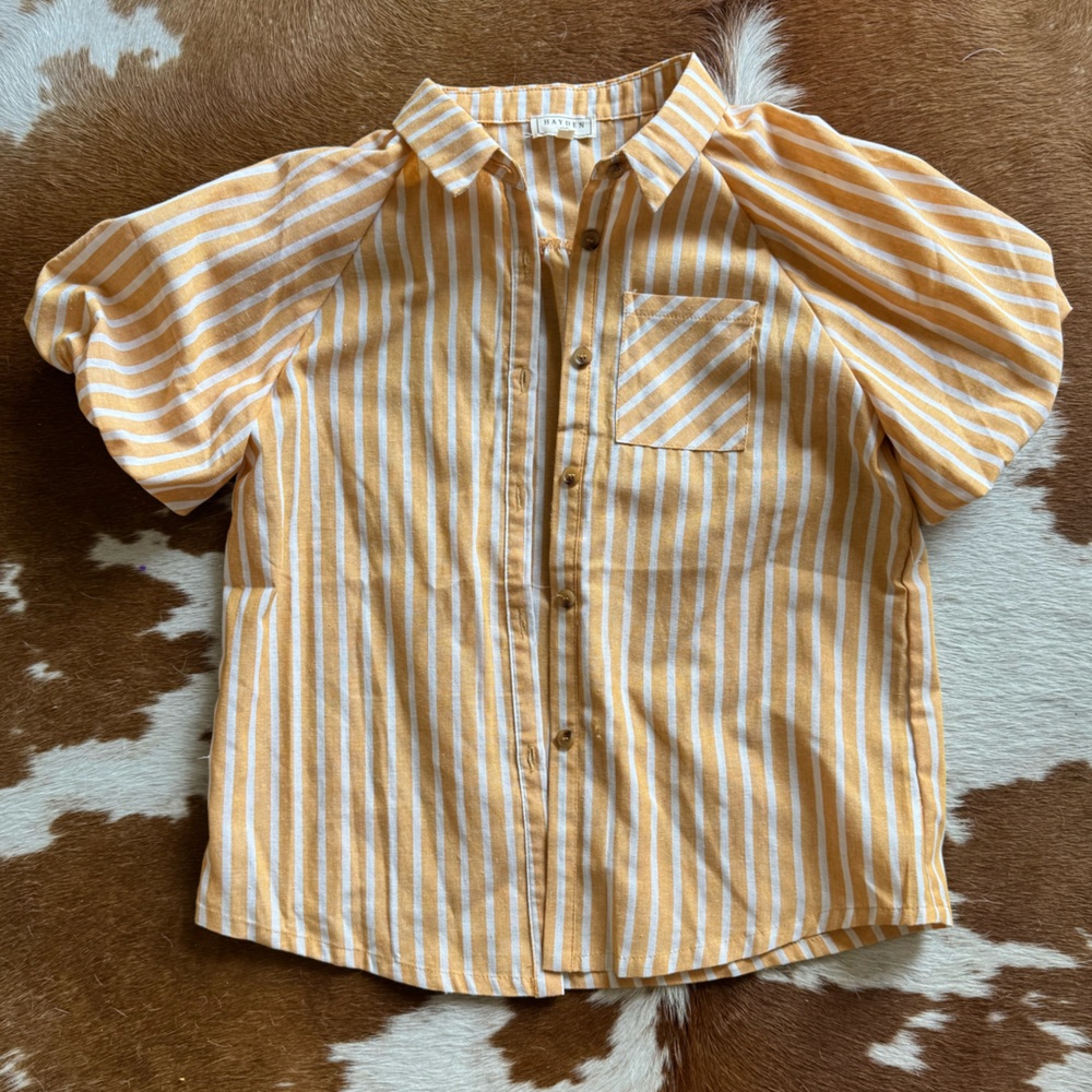 Hayden Girls Striped Puff Sleeve Button Up Poplin Shirt